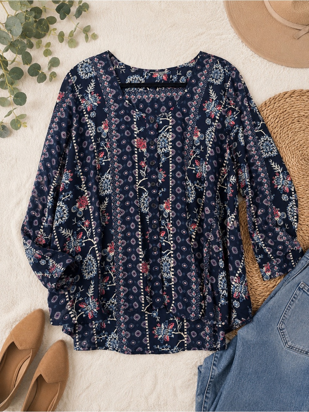 Boho Navy Floral Button Front Tunic Blouse 3/4 Sleeve Women’s XL